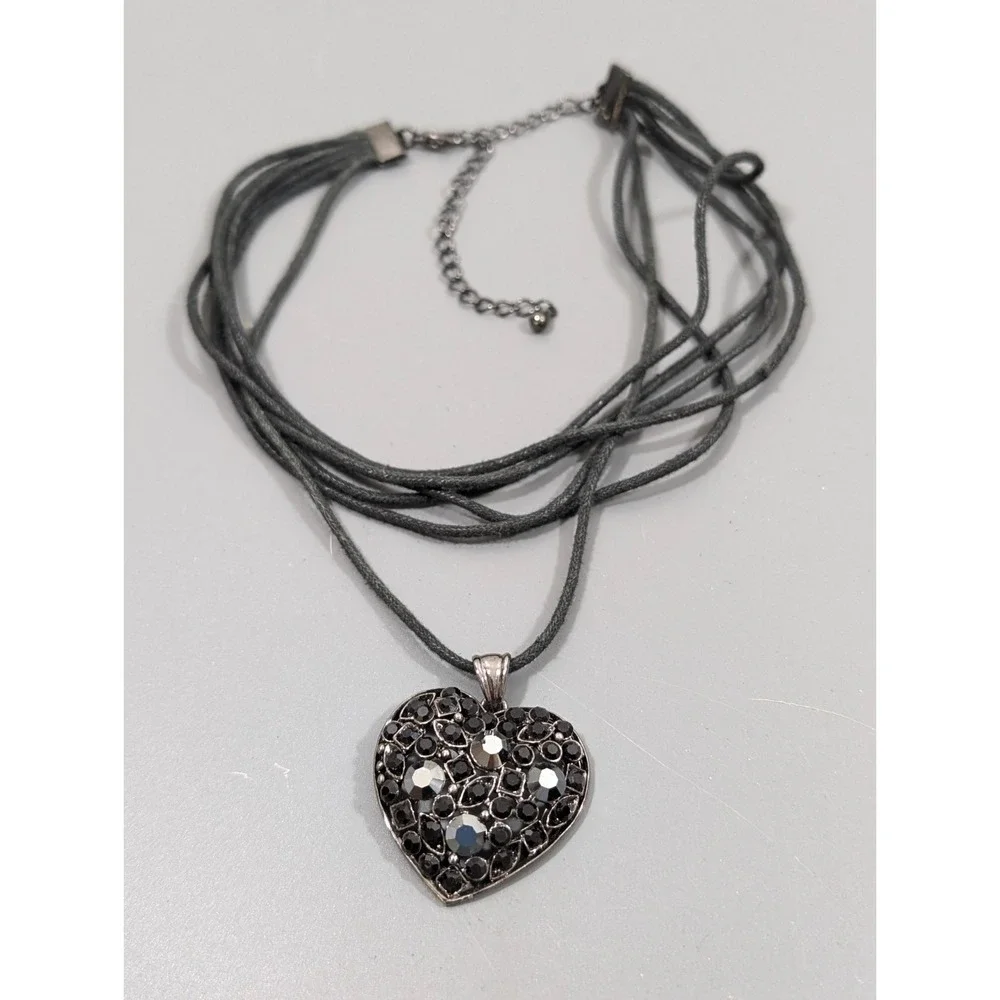 Black‎ Heart Pendant Necklace Gothic Rhinestone Multi Cord Y2K 17
